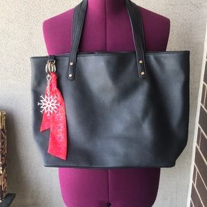 Black leather tote with fobs snow flake & ribbon